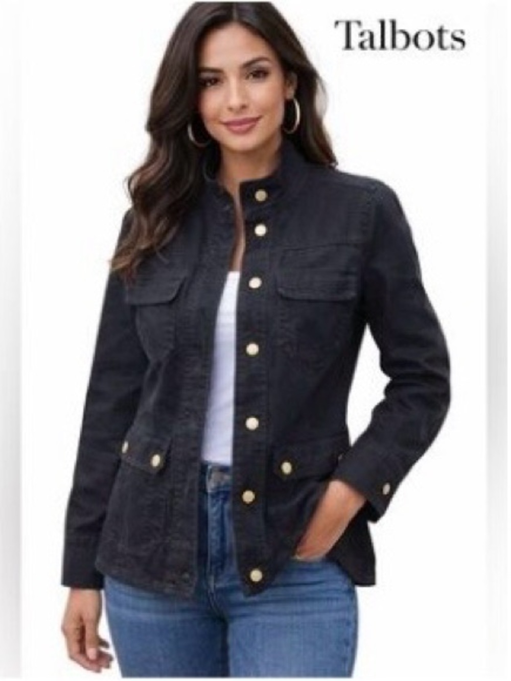 Talbots Utility Style Black Jacket w/ Gold Toned Accents Fall Casual Sz 10P NWT